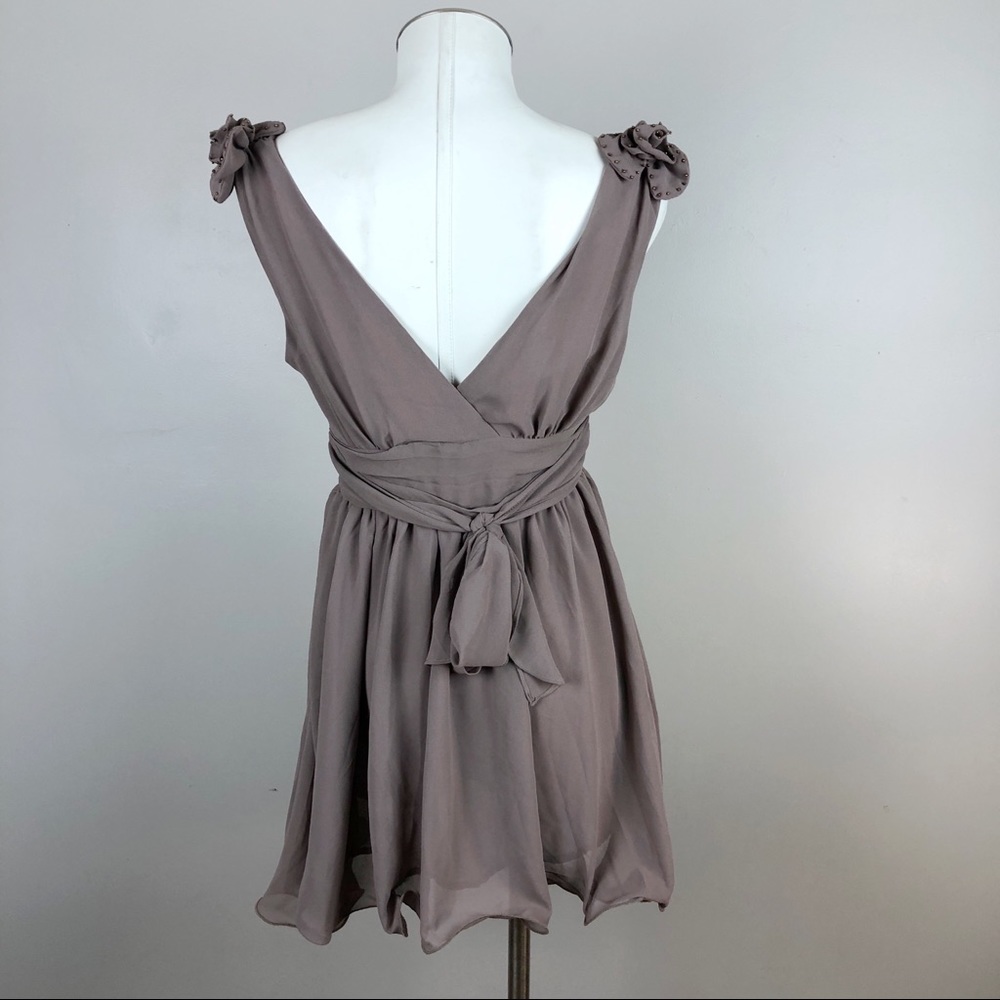 Kali Taupe Dress with Beaded Shoulder Rosettes - Picture 3 of 6